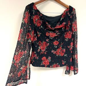 JKara vintage rose print beaded split sleeve top size XL